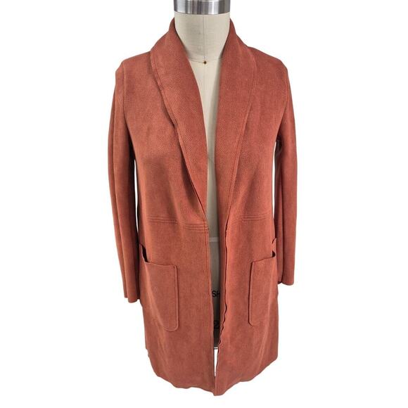 Joan Vass New York Shawl Collar Open Front Faux Leather Mid Jacket Paprika S - Picture 1 of 6
